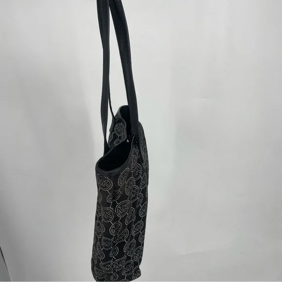 Michael Kors Signature Logo MK Black & White Tote Purse Large Canvas Bag Leather - Picture 3 of 7